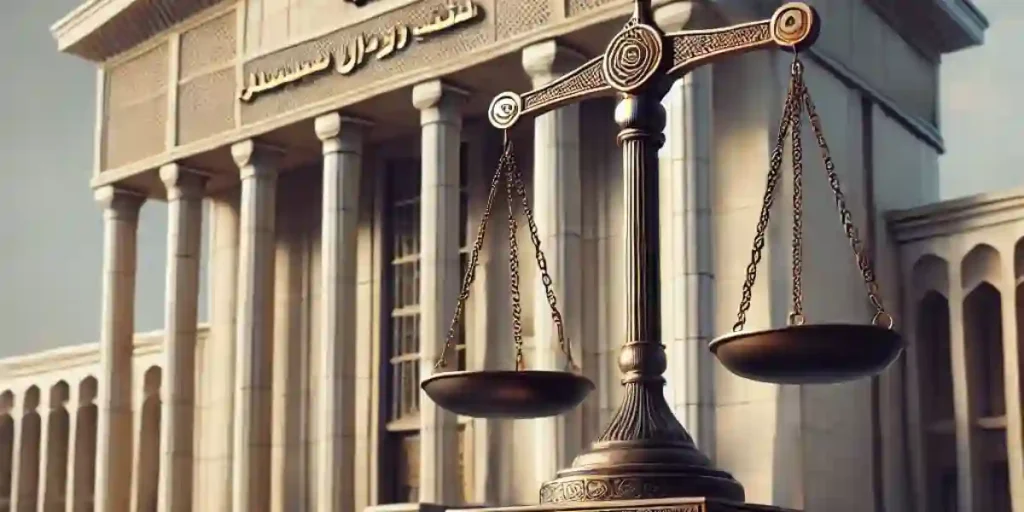 تصویر ساختمان دیوان عدالت اداری کرمان با یک ترازوی عدالت در پیشزمینه - عنوان: مراحل و روشهای قانونی برای اعتراض به رأی دیوان عدالت اداری.